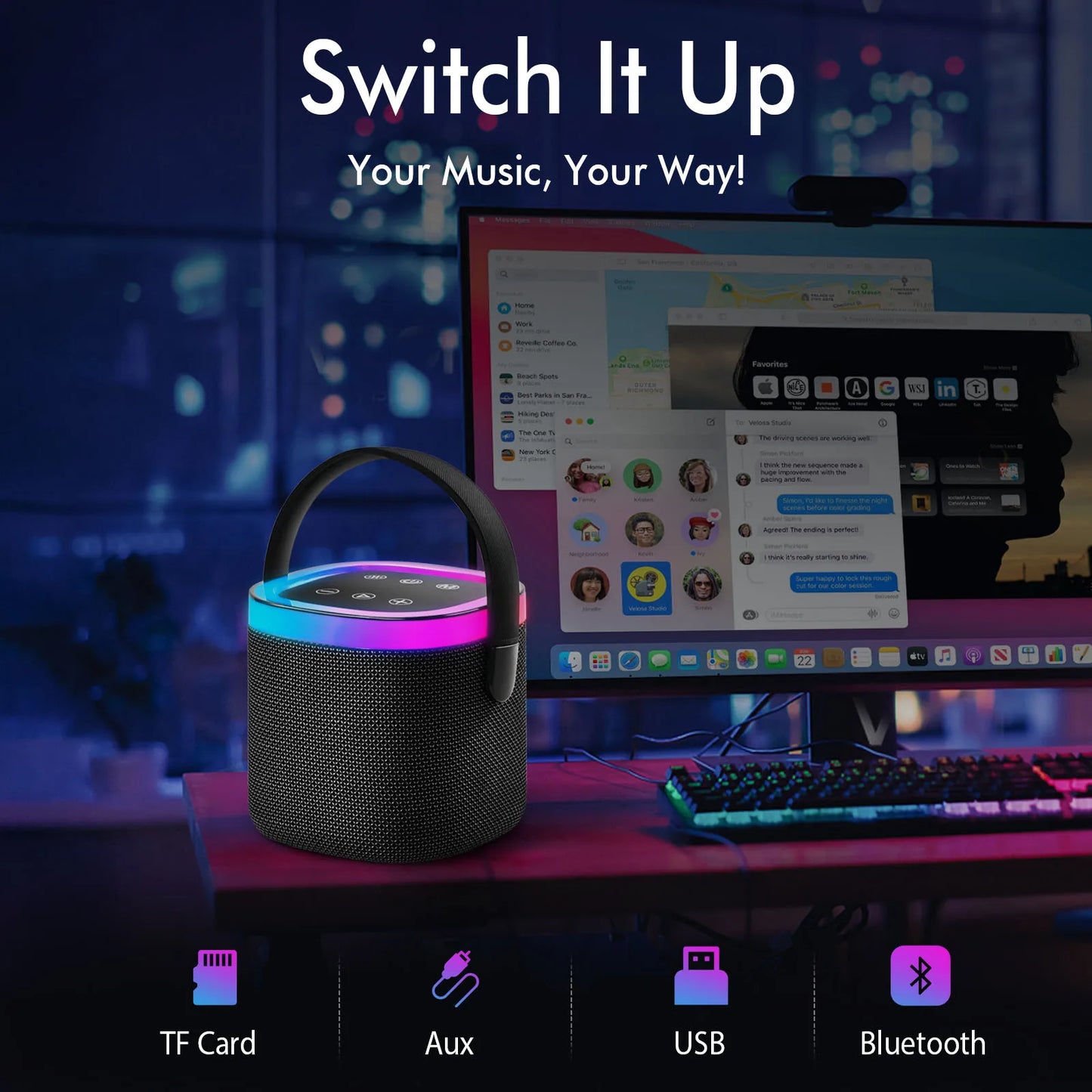 RGB Portable Bluetooth Speaker - 15H Playtime, IPX5 Waterproof