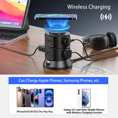 USB Power Strip Tower with Wireless Charger for Tech Users