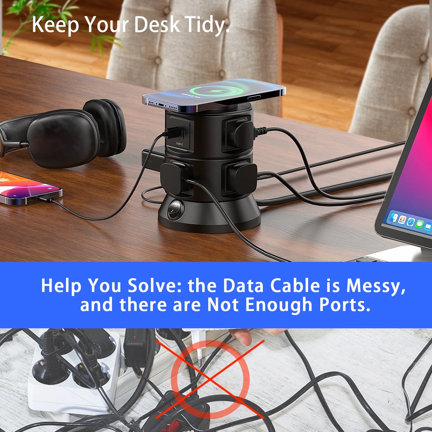 USB Power Strip Tower with Wireless Charger for Tech Users