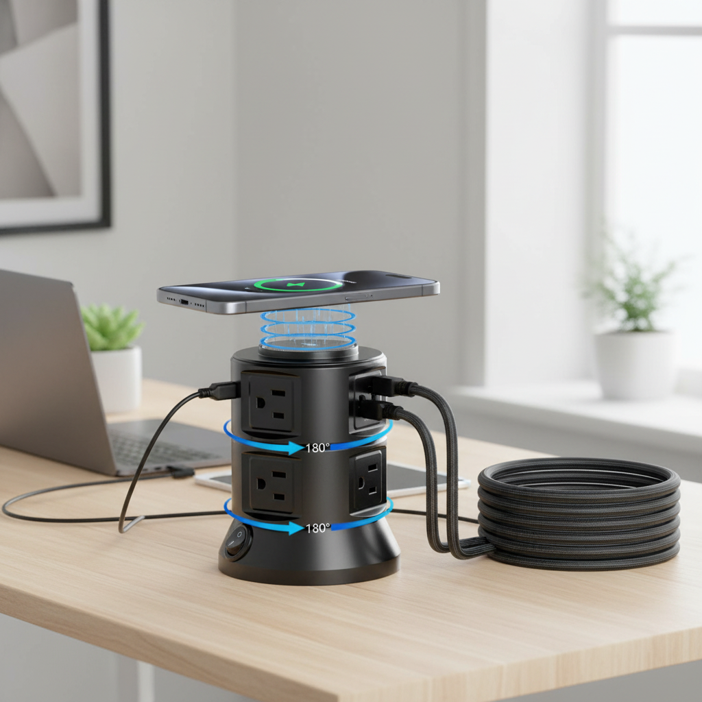 USB Power Strip Tower with Wireless Charger